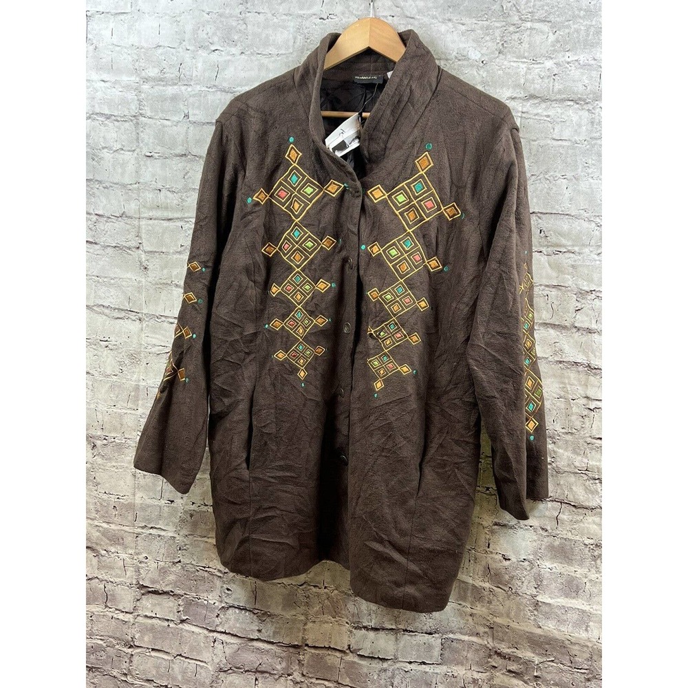 NEW VINTAGE BOB MACKIE Wearable Art BROWN AZTEC BROWN JACKET OVERCOAT SZ 2XL